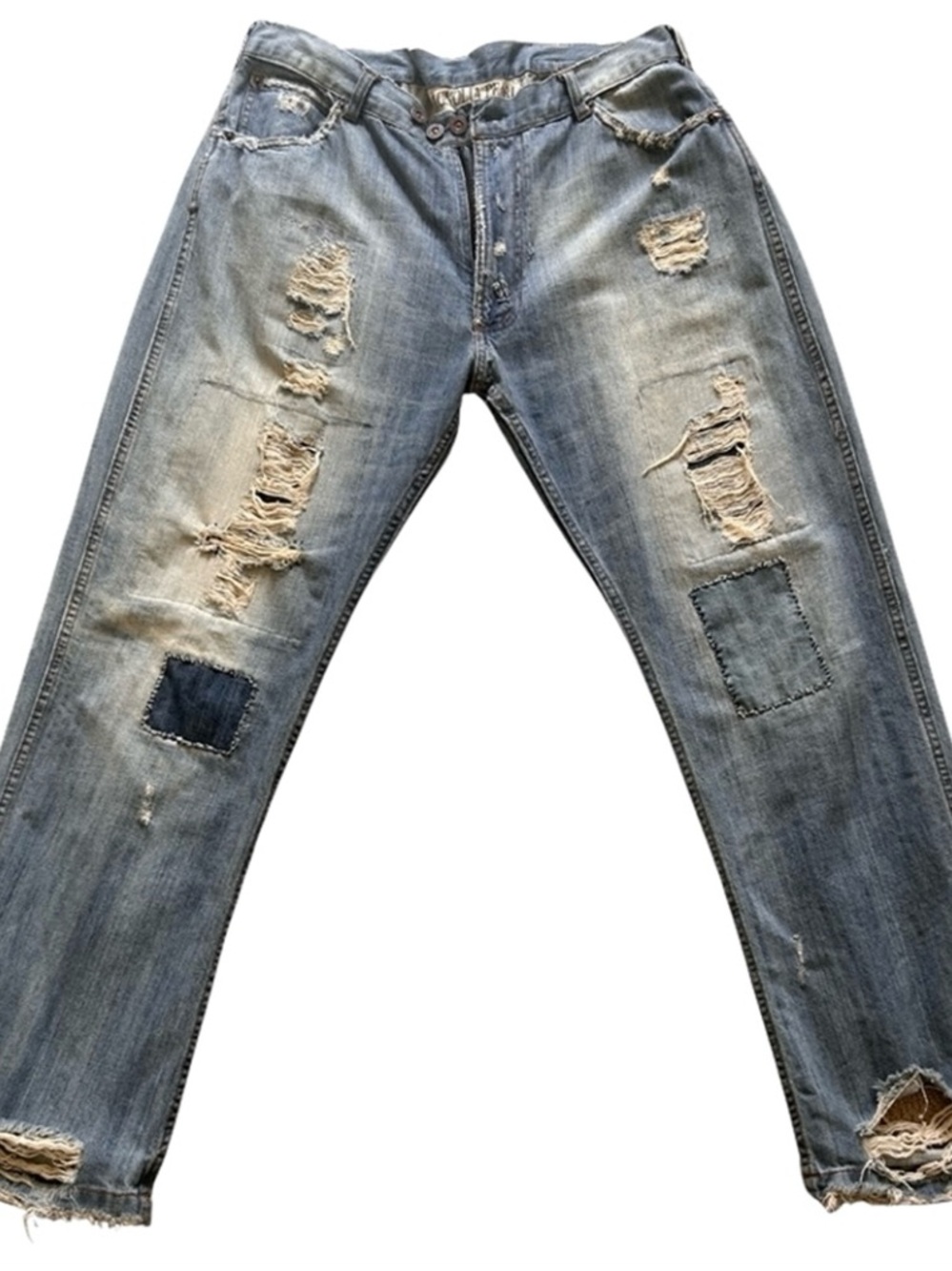 Magnolia Pearl Distressed Light Blue Patchwork Relaxed Jeans